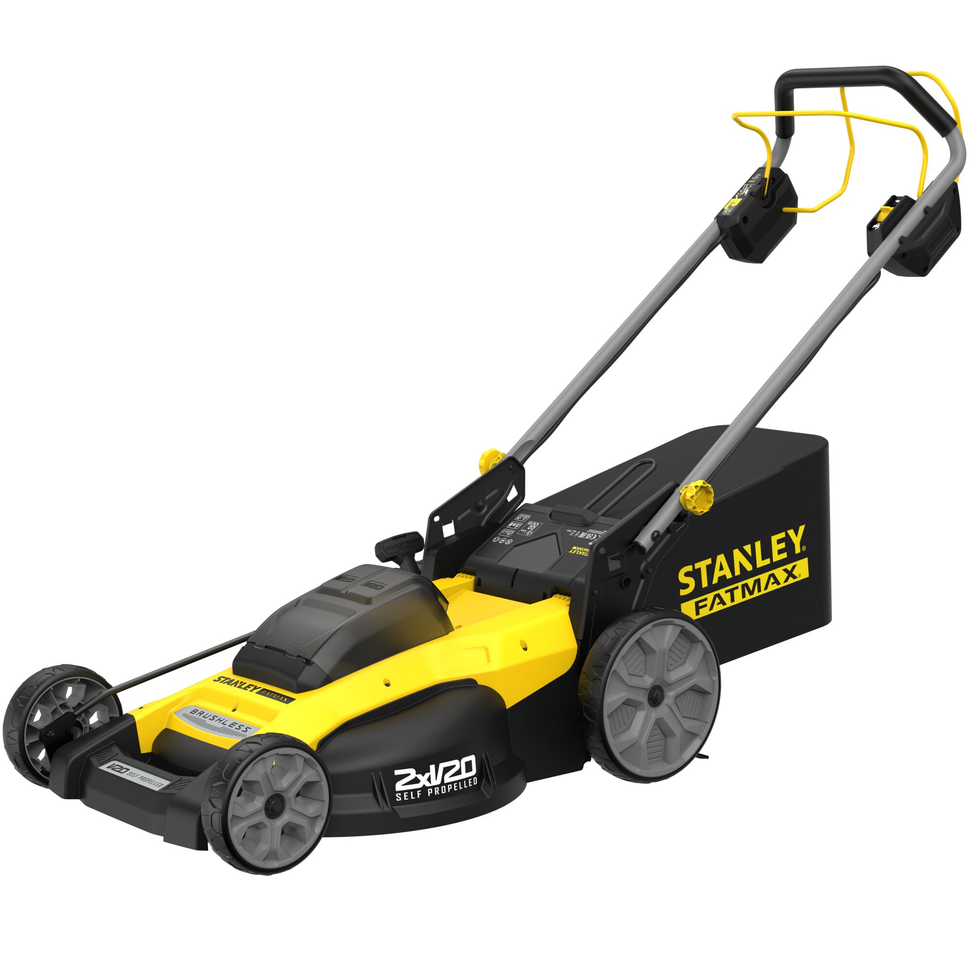 STANLEY SFMCMWS251M cordless lawn mower, black and yellow, side angle, with grass collection bag.